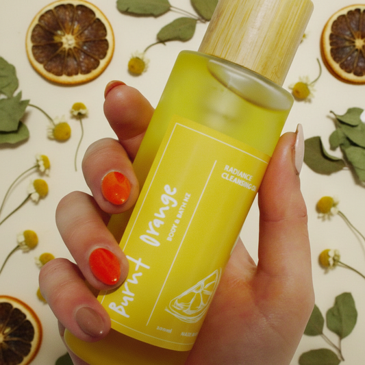 Radiance Cleansing Oil with dried botanicals background